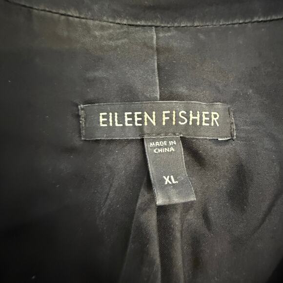 Eileen Fisher 100% Silk Crepe Leather Trim Jacket Black Button Sleeve Women’s XL - Picture 9 of 14